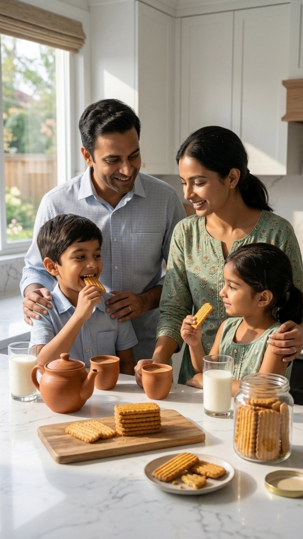 Family enjoying Munchingo cookies with milk and chai